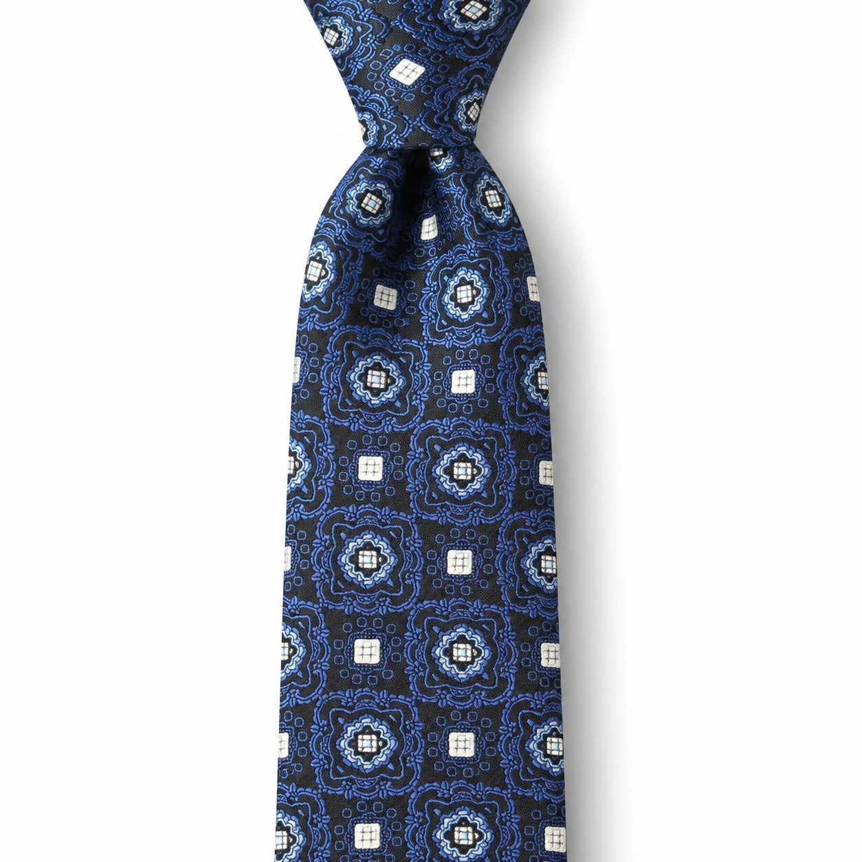 Navy Blue and White Geometric Medallion Skinny Tie