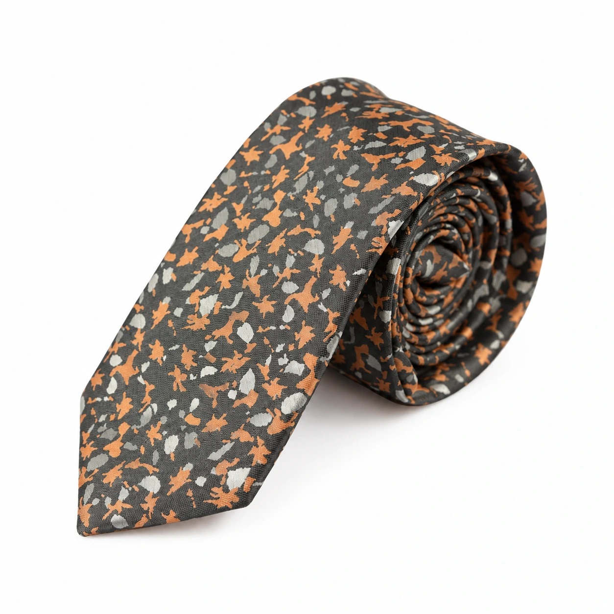 Gray and Orange Leaf Print Skinny Tie