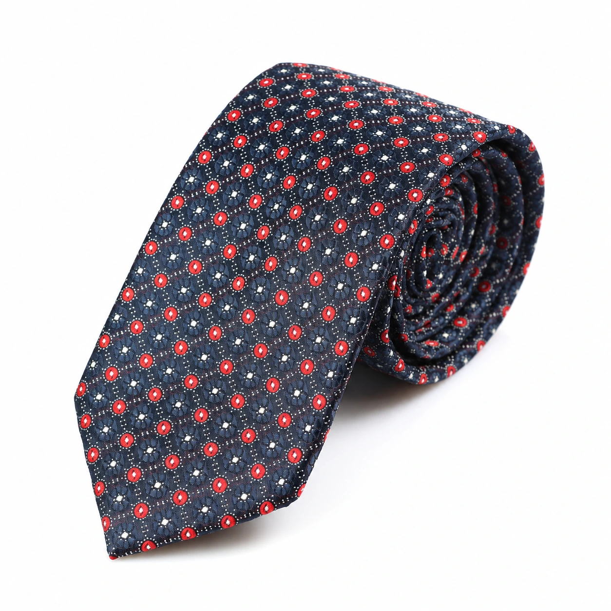 corbata estrecha con cuadrícula de rombos en azul marino, rojo y blanco
