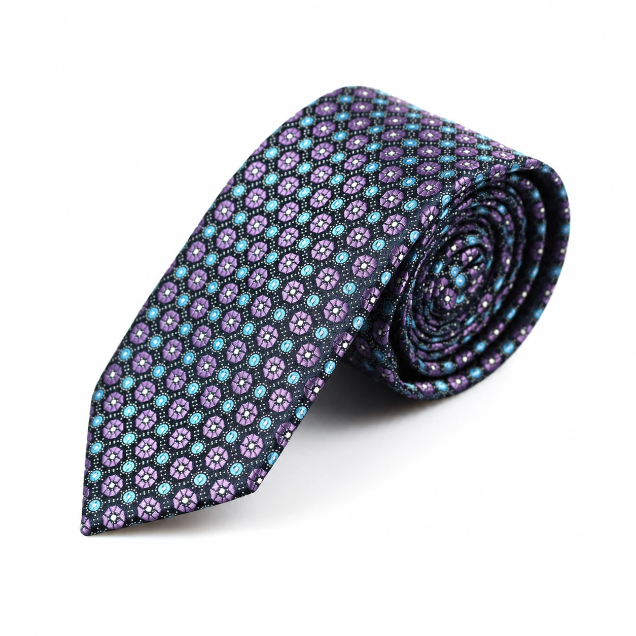 corbata estrecha con medallón pequeño en azul marino y lavanda