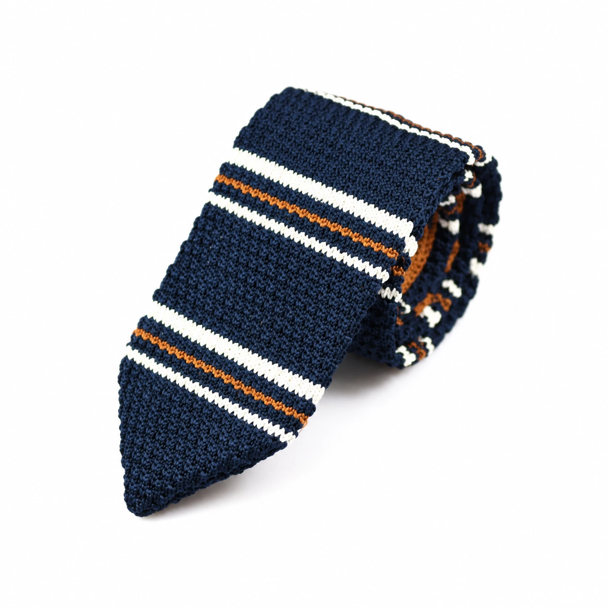 Navy, White and Orange Striped Knit Tie