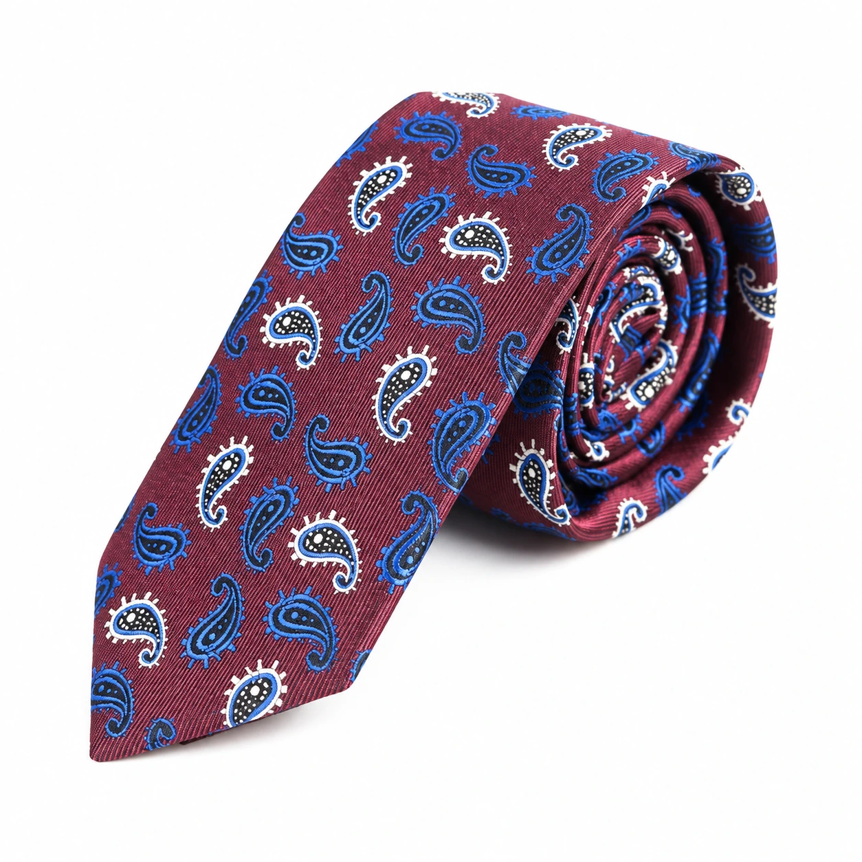 Burgundy and Blue Paisley Skinny Tie