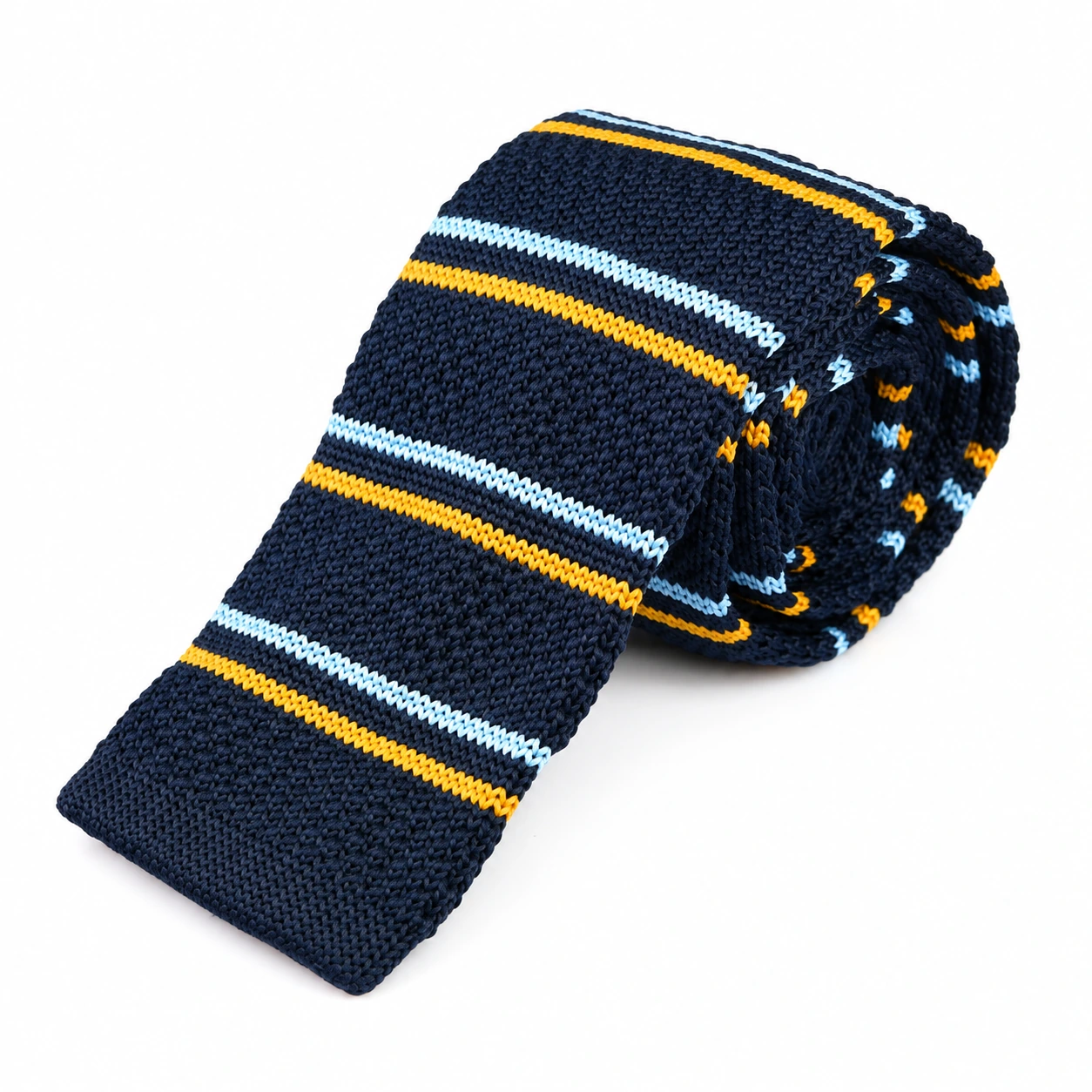 Navy, White and Yellow Striped Knit Tie