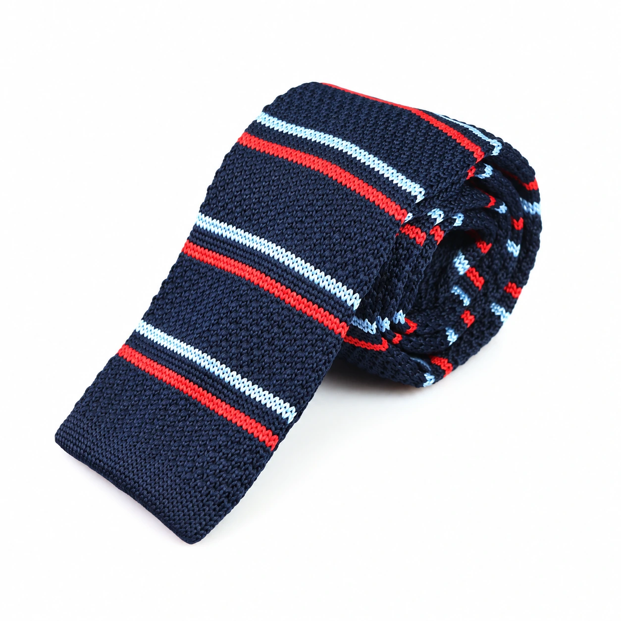 Navy, Red and White Striped Knit Tie