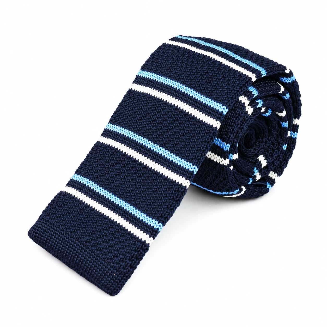 Navy, Blue and White Striped Knit Tie