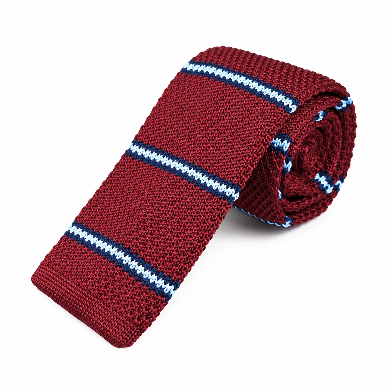 Burgundy, Navy and White Striped Knit Tie