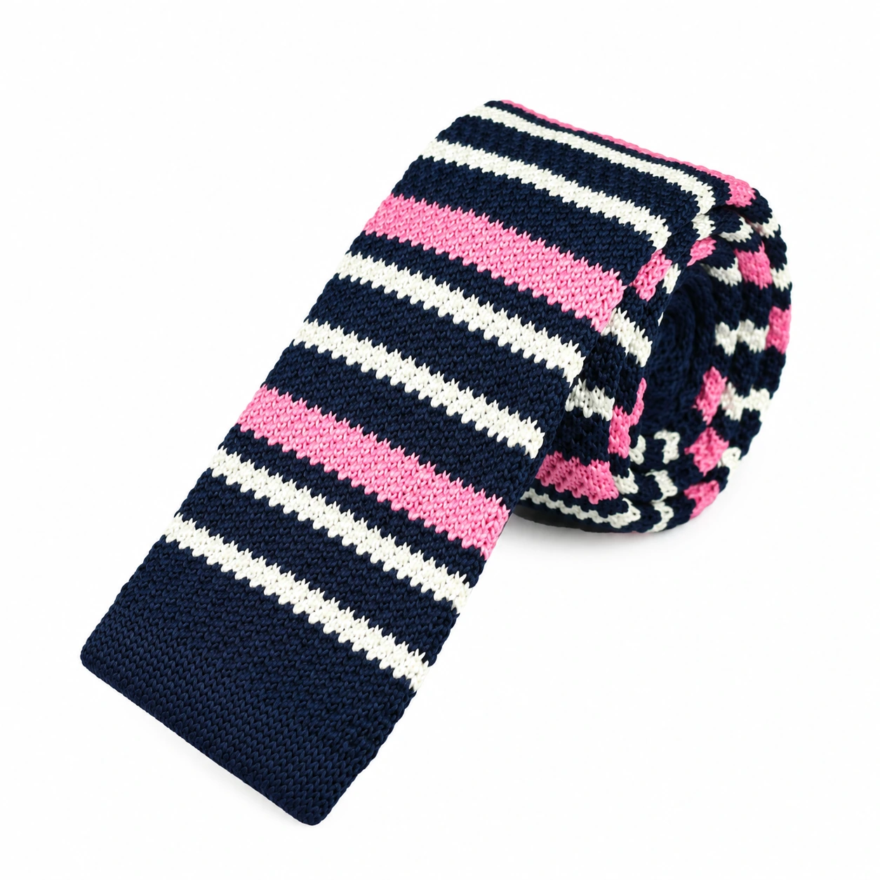 Navy, Pink and White Striped Knit Tie