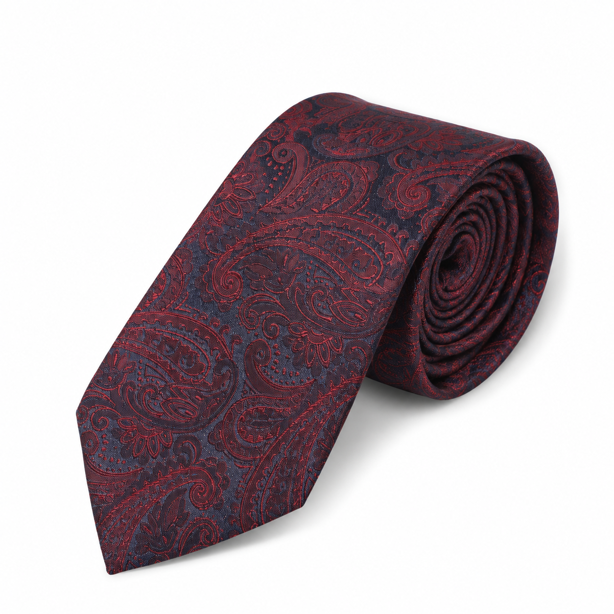 Charcoal and Wine Red Ornate Paisley Necktie