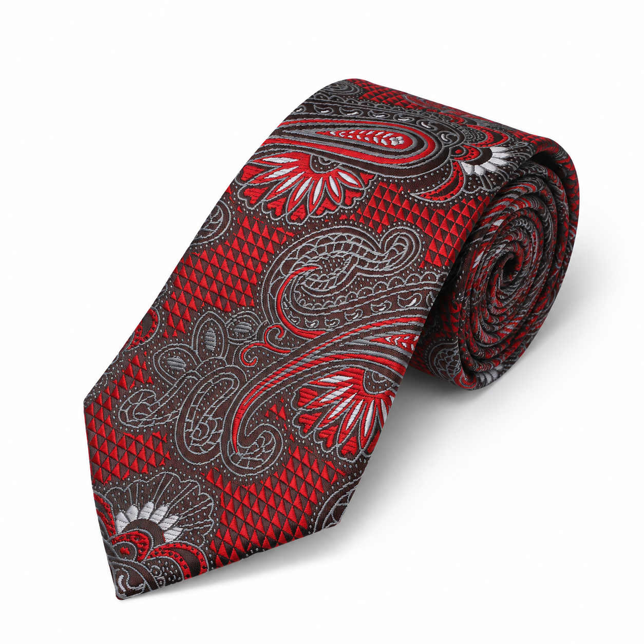 Red and Silver Ornamental Paisley Necktie