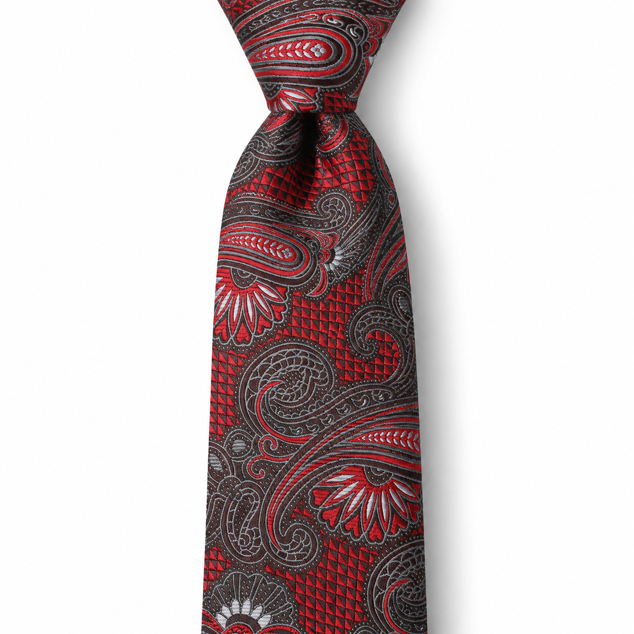 Red and Silver Ornamental Paisley Necktie