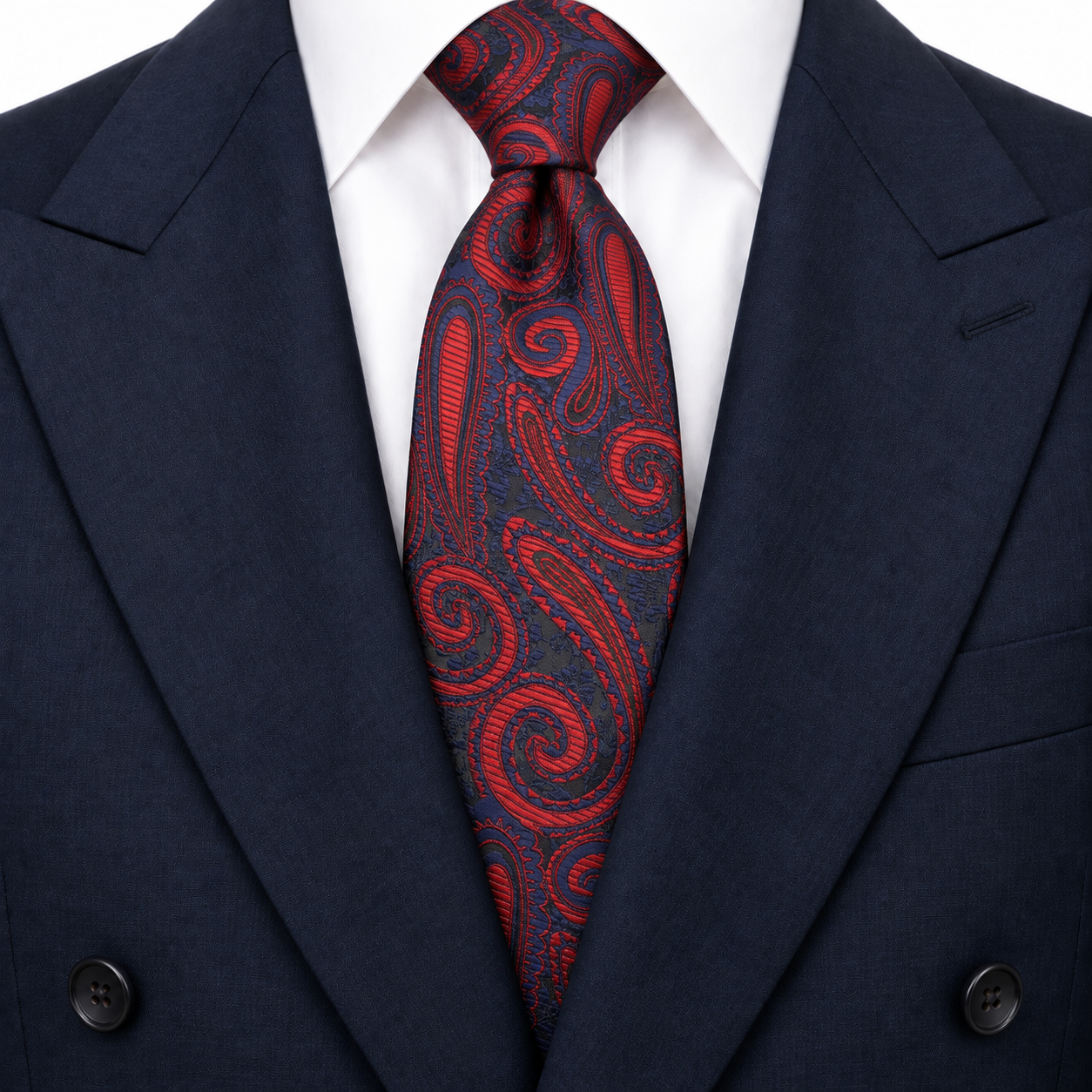 Navy and Scarlet Bold Paisley Necktie — view 3