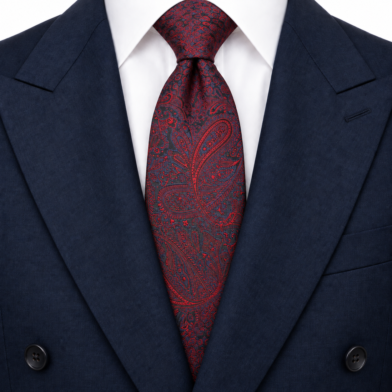 Deep Navy and Red Fine Paisley Necktie — view 3