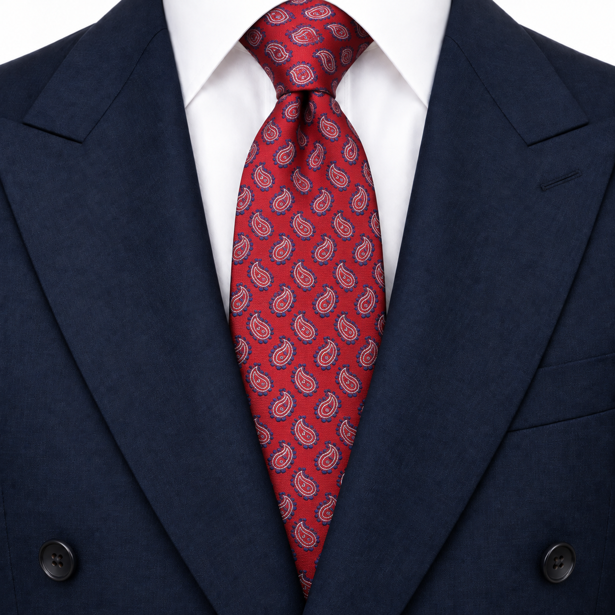 Red, Navy and Silver Mini Paisley Necktie — view 3
