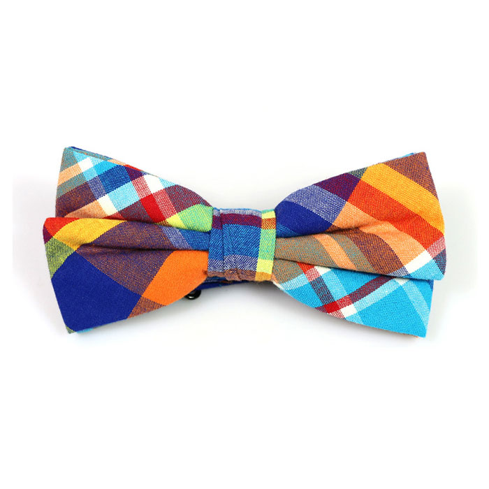 Midnight and Tiger Orange Cotton Plaid Butterfly Bow Tie
