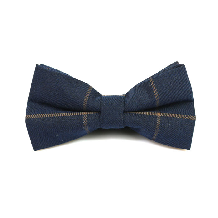 Midnight Blue and Peach Cotton Plaid Butterfly Bow Tie