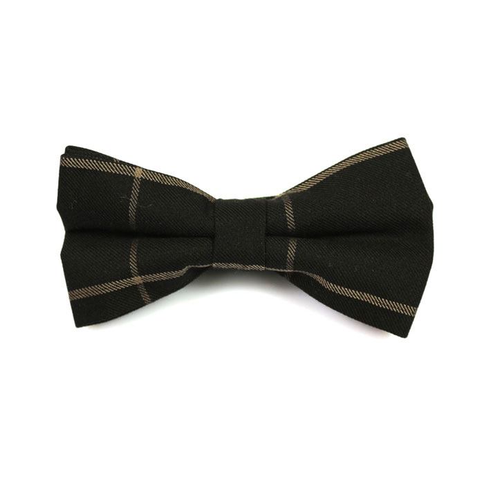 Black and Wood Cotton Plaid Butterfly Bow Tie