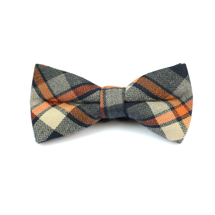 Ash Gray and Papaya Orange Cotton Plaid Butterfly Bow Tie
