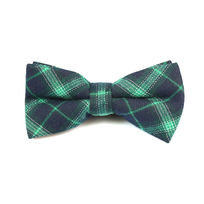 Zombie Green, Midnight Blue and White Cotton Plaid Butterfly Bow Tie