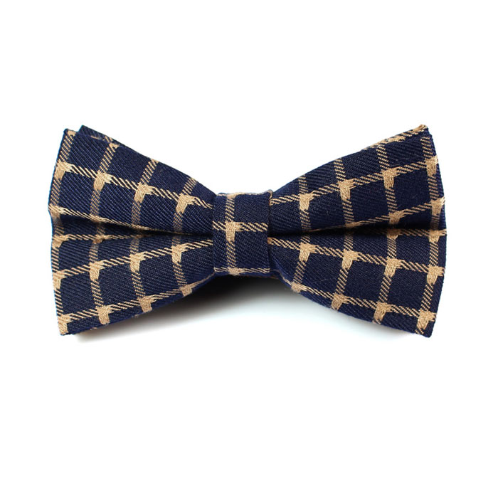 Blue and Brown Polyester Checkered Butterfly Bow Tie