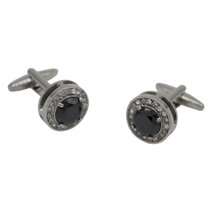 Black Round Peak Gem Silver Cufflinks