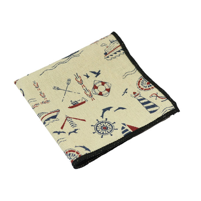 SeaShell and Midnight Cotton-Linen Blend Novelty Pocket Square