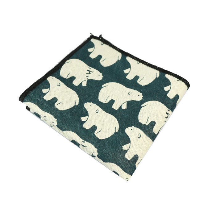 Medium Sea Green, SeaShell and Black Cotton-Linen Blend Novelty Pocket Square
