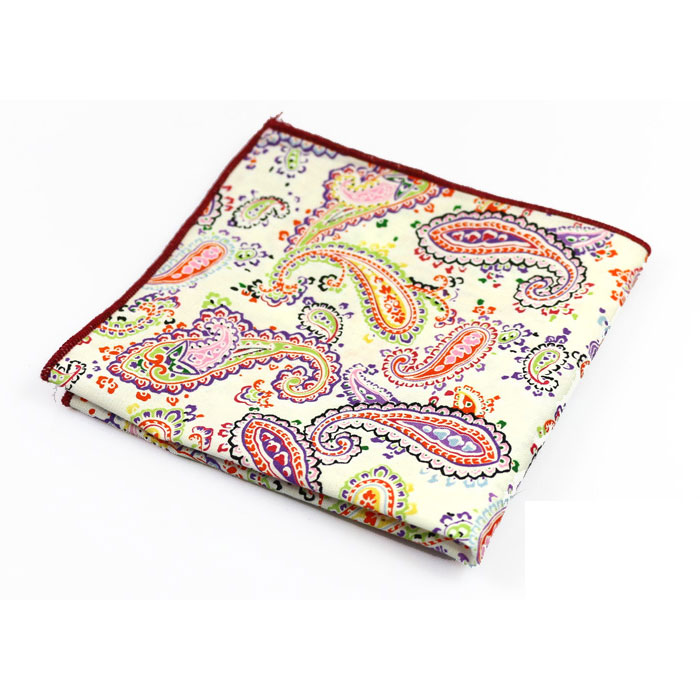 White and Hot Pink Cotton Paisley Pocket Square