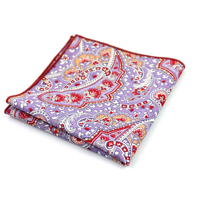 Purple and Chestnut Red Cotton Paisley Pocket Square