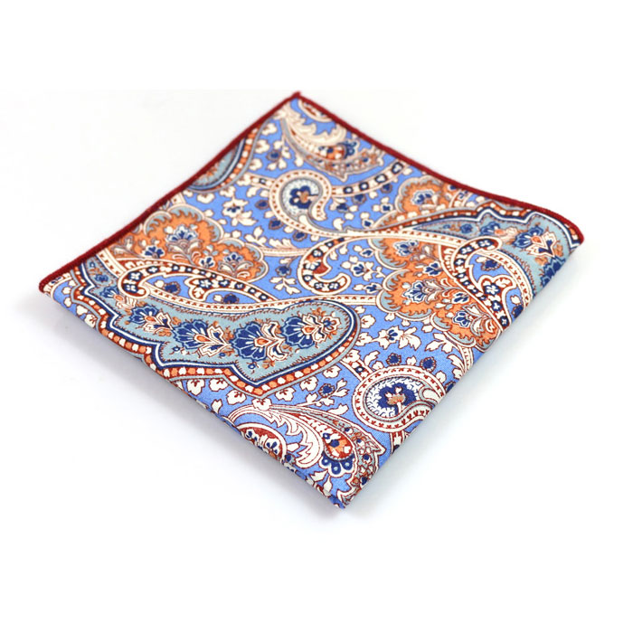 Platinum, Blue Jay and Champagne Cotton Paisley Pocket Square