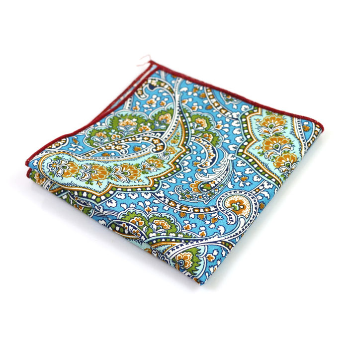 Green, Midnight, Champagne and Platinum Cotton Paisley Pocket Square