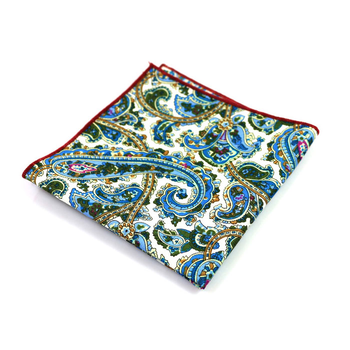 Midnight, Ferrari Red, Moccasin and Saffron Cotton Paisley Pocket Square