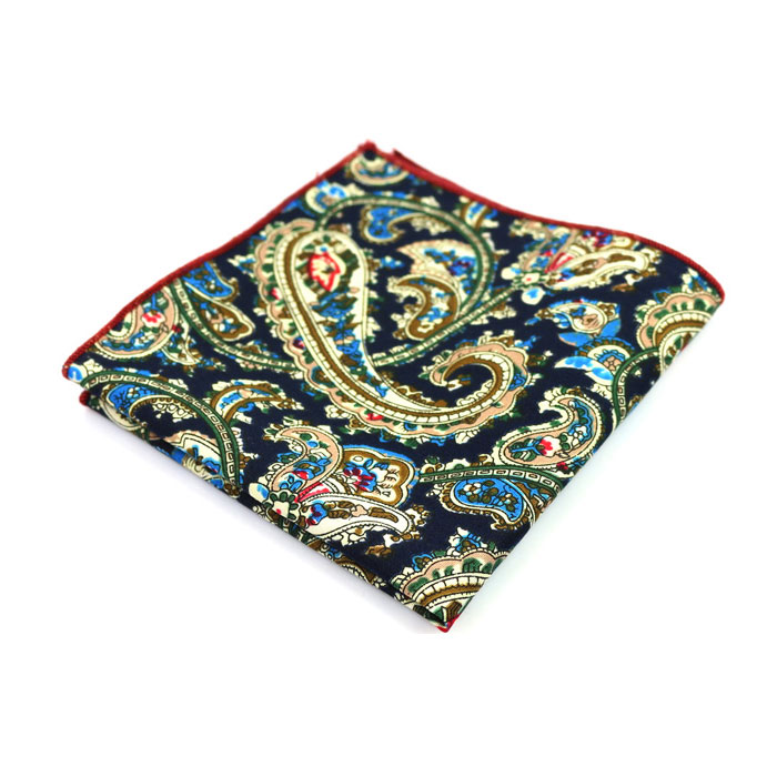 Midnight Blue, SeaShell, Moccasin and Champagne Cotton Paisley Pocket Square