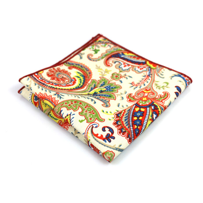 White and Orange Cotton Paisley Pocket Square