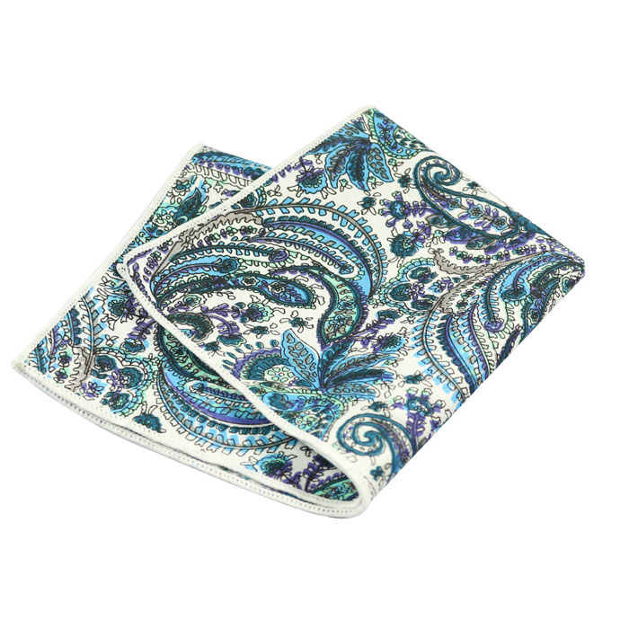 Platinum, Blue Eyes, SeaShell, Gray Cloud and Camouflage Green Cotton Paisley Pocket Square