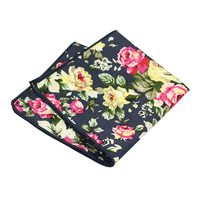 Midnight Blue and Carnation Pink Cotton Floral Pocket Square