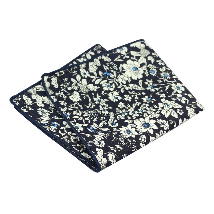 Midnight Blue and SeaShell Cotton Floral Pocket Square