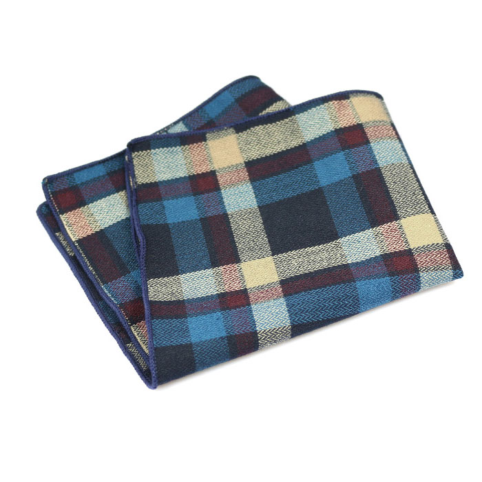 Gray Wolf, Blue Ribbon, SeaShell and Deep Peach Cotton Plaid Pocket Square