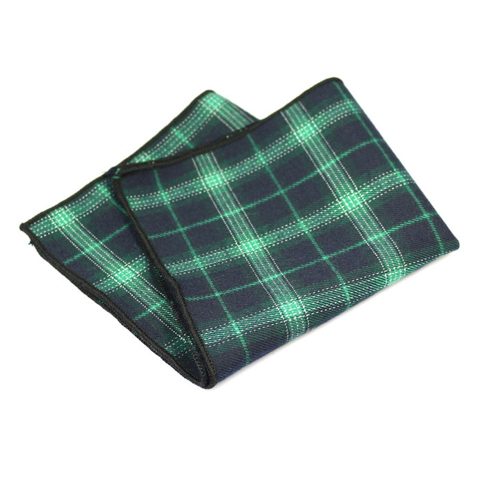Black, Dark Slate Blue, Camouflage Green and SeaShell Cotton Plaid Pocket Square