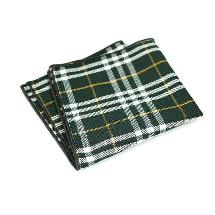 Platinum and Dark Sea Green Cotton Plaid Pocket Square