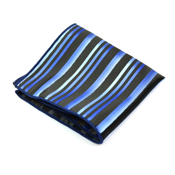 Blue Orchid and Black Polyester Striped Pocket Square
