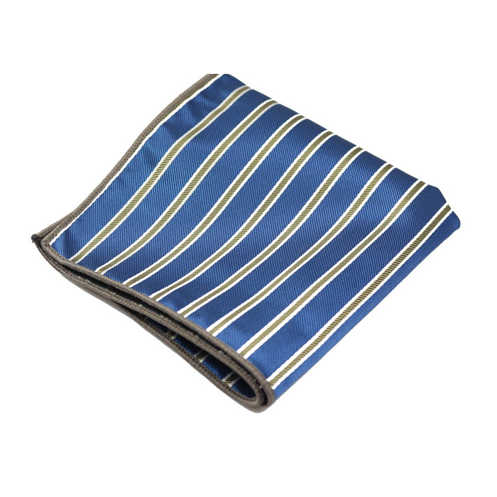 Denim Dark Blue and White Polyester Striped Pocket Square
