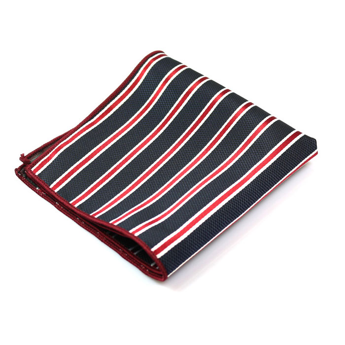 Dark Slate Blue, Red Wine and Platinum Polyester Striped Pocket Square