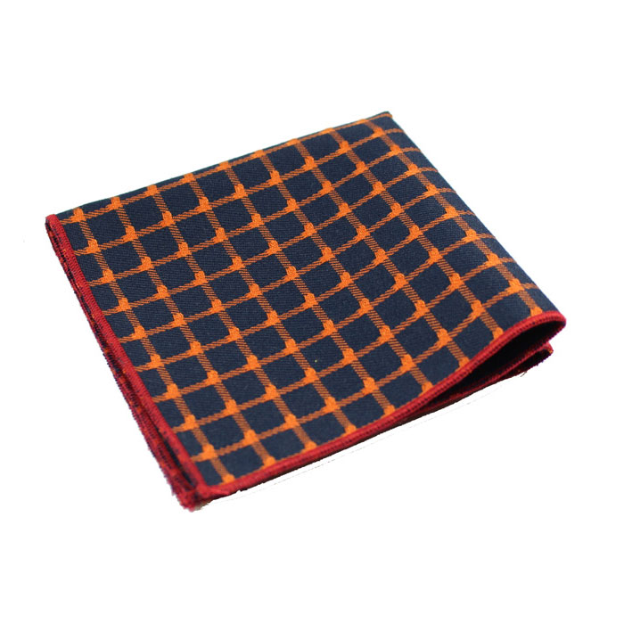 Midnight Blue, Dark Orange and Love Red Polyester Checkered Pocket Square