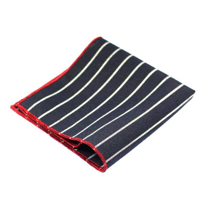 Blue and White Polyester Striped Pocket Square