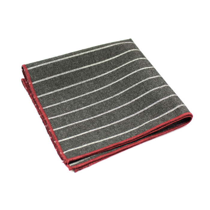 Burgundy and Gray Polyester Striped Pocket Square