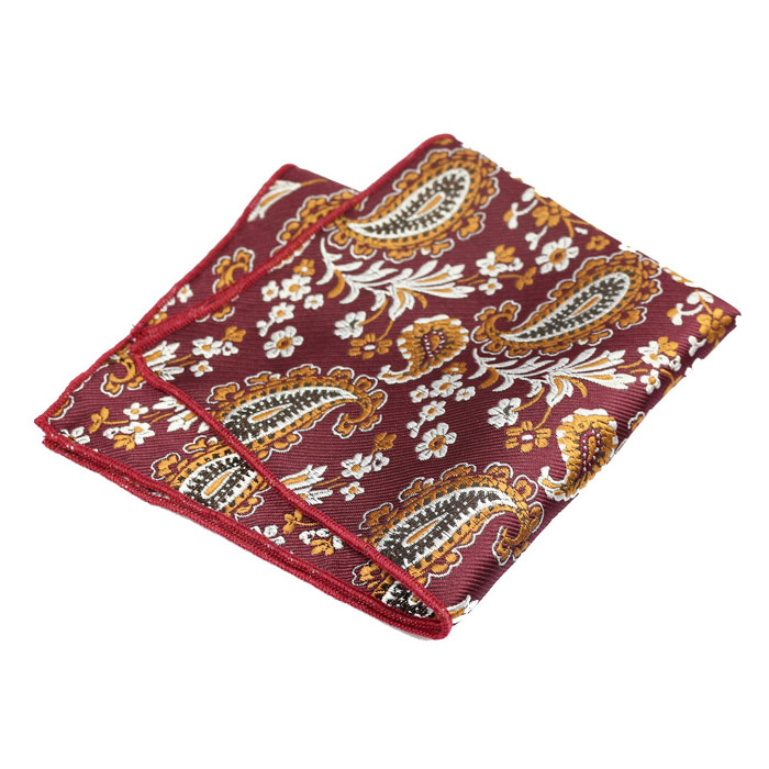 Platinum, Firebrick and Cinnamon Polyester Paisley Pocket Square