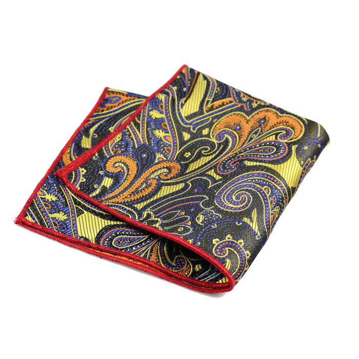 Blue and Gold Polyester Paisley Pocket Square