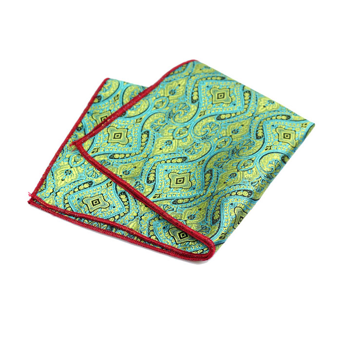 Fern Green and Yellow Polyester Paisley Pocket Square
