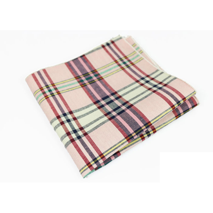 Carnation Pink and White Cotton Plaid Pocket Square