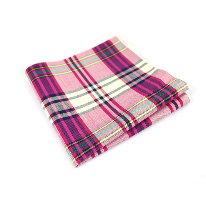 Tea Green, Carnation Pink, Platinum, Gunmetal, Tangerine and Plum Velvet Cotton Plaid Pocket Square